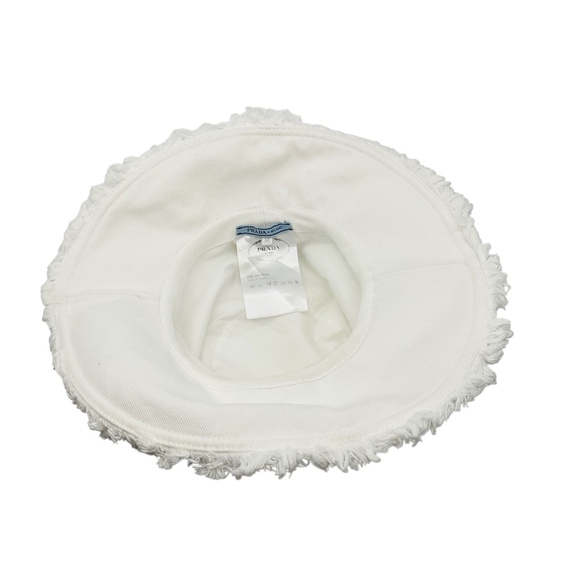 PRADA WHITE TRIANGLE LOGO EMBROIDERED WIDE BRIMMED COTTON DRILL BUCKET HAT WITH main image 7